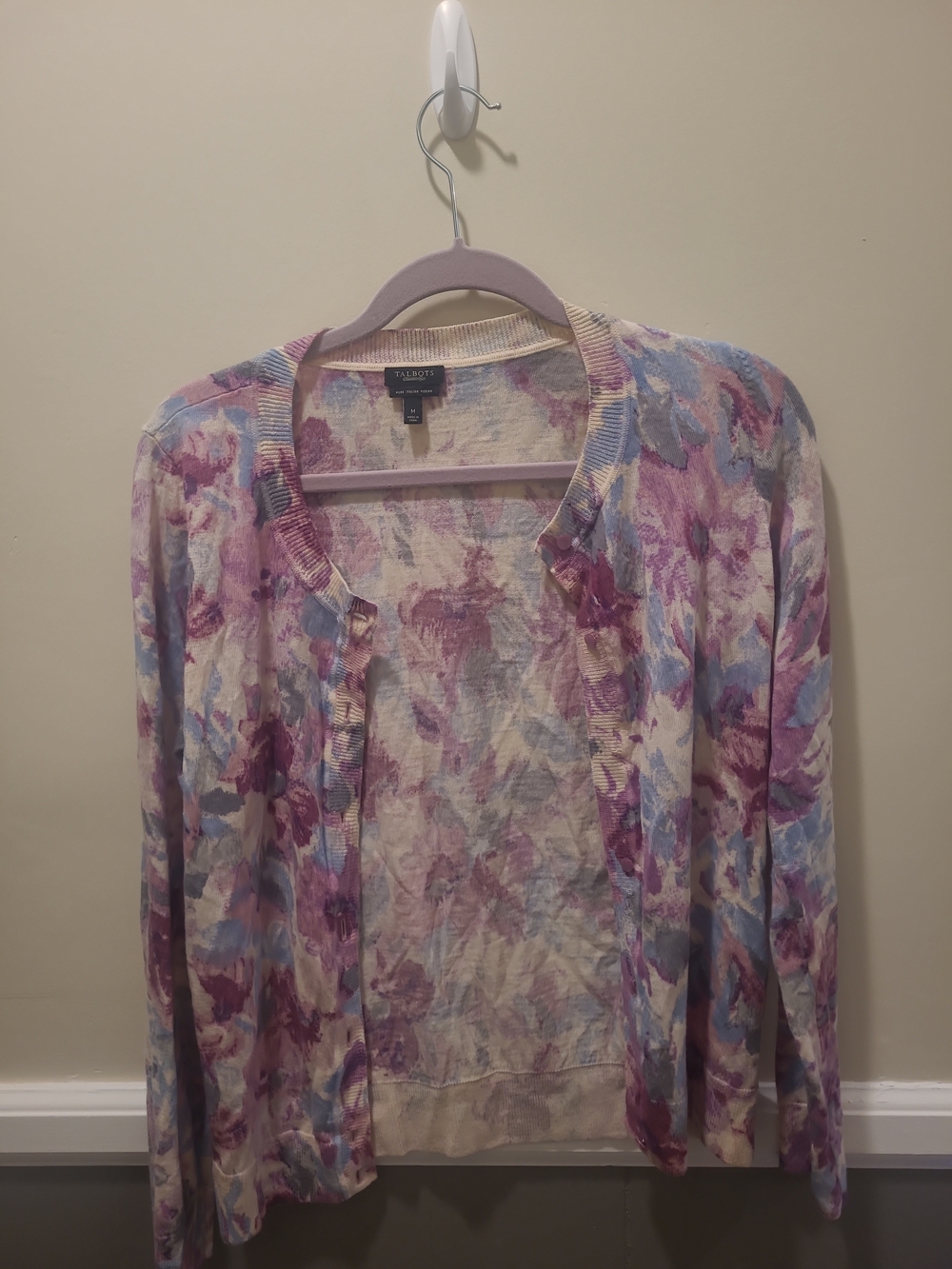 Talbots Women's Floral Pastel Cardigan Sweater - Lavender Multicolor FLAW